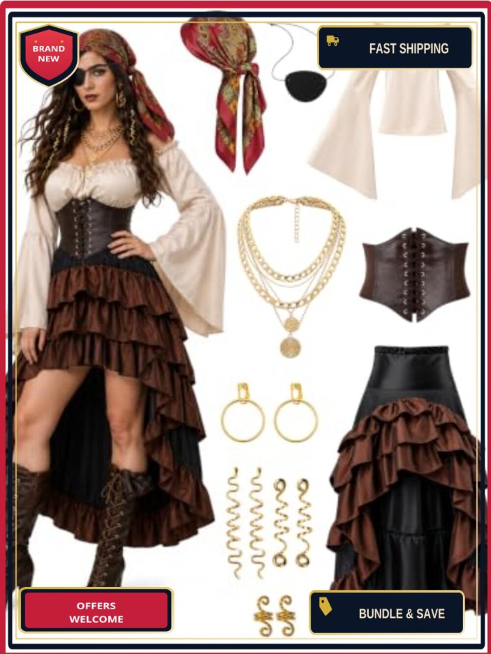 14 Pc Pirate Costume Set Renaissance Shirt Skirt Corset Women